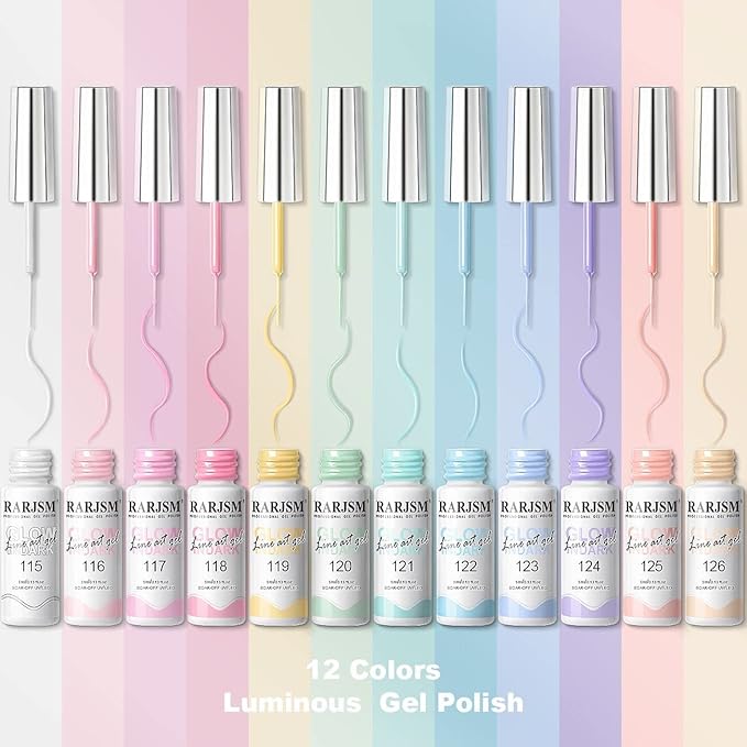 RARJSM Glow in The Dark Nail Art Gel Liner 12 Soft Pastel Colors Neon Green Blue Purple Pink Painting Luminous Polish Set UV LED Curing Requires Thin Brush for Swirl Nails Design