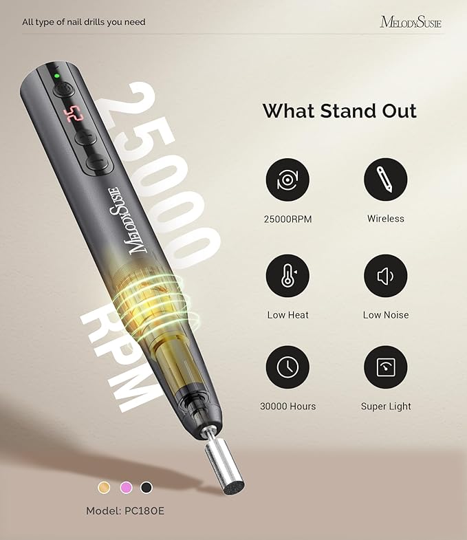 MelodySusie Pen-Shaped Portable Cordless Nail Drill, PC180E 25000RPM Rechargeable Electric File with LED Display for All Nail Care, Manicure Shaping & Acrylic Gel Removal for Nail Artists DIY at Home