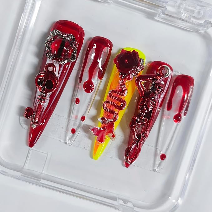 Halloween Handmade Press on Nails Extra Long Stiletto 3D Nails Horror Thick Acrylic Fake Nails Red Gothic False Nails with Blood Drop Skull Designs Sturdy Nail Art Press on Nails 10Pcs(M)