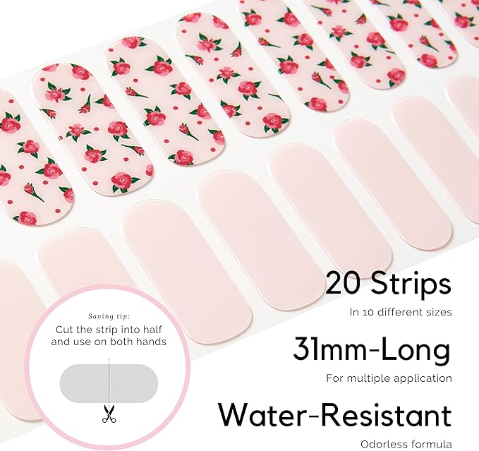 Semi Cured Gel Nail Strips - NAILOG 20 Pcs Pink Flowers Nail Stickers Extra Long Wraps with Glossy Gel Finishing for Spring Summer, Rosette