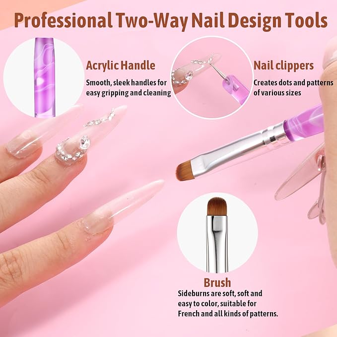 2-Way French Brush for Nails, Acrylic French Tip Brush with Dotting Tool, Double Ended Gel Nail Brushes for Nail Art Design and DIY
