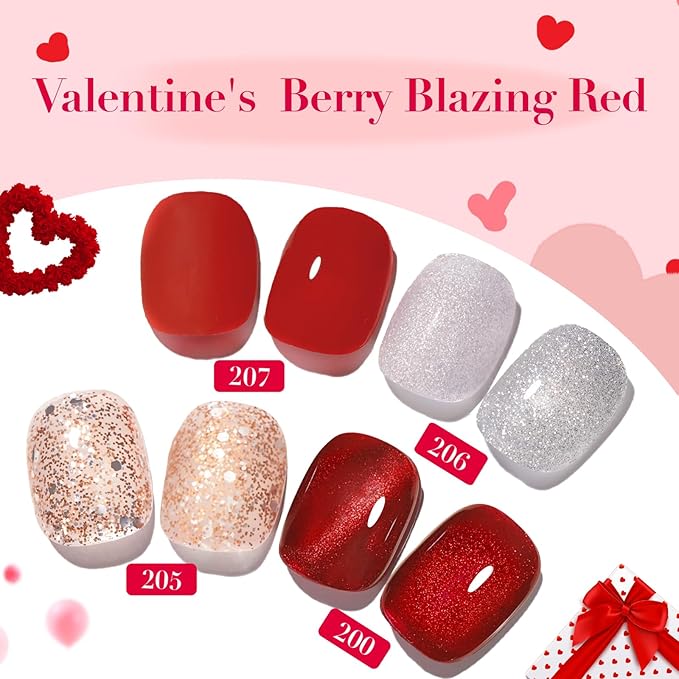 AZUREBEAUTY Red Valentine's Nail Polish Set Quick Dry Silver Glitter Cat Eye 4 Colors Natural Fingernail with Top Coat DIY Salon Home no Gel Women Gifts