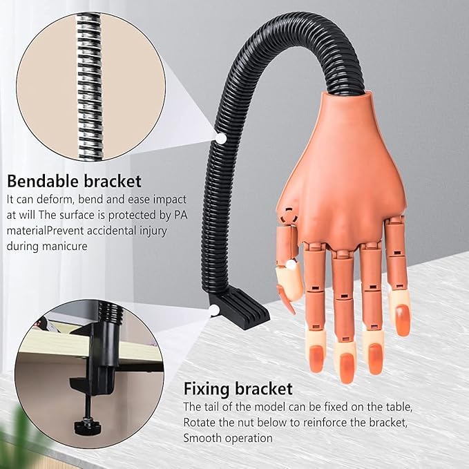 Practice Hand for Acrylic Nails, Professional Nail Practice Hand Nail Training Hand, Flexible Moveable False Fake Mannequin Hand for Nails Art Practice Display with 100Pcs Brown Fake Nail Tips