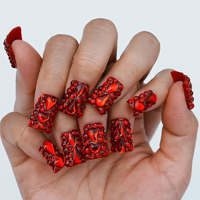 Red Chrome Press on Nails Short Duck, Full Rhinestones Red Heart Fake Nails 3D Luxury Acrylic Duck Nails Thickened False Nails (Crimson Glimmer Enchant,M)