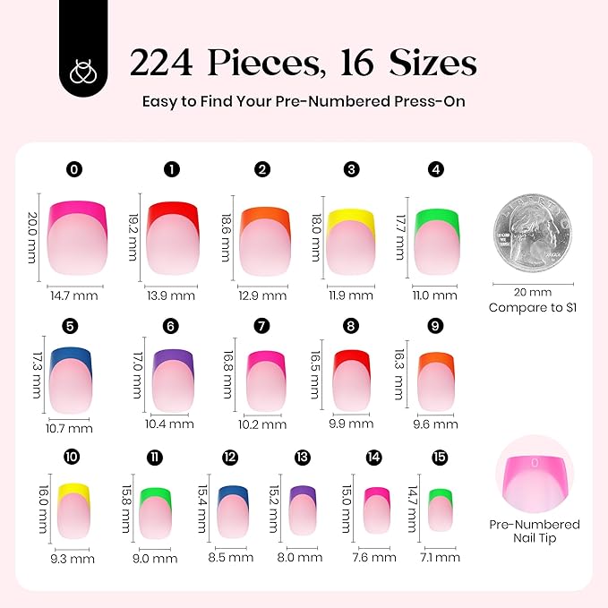 Beetles Summer Press On Nails 224 Pcs 7 Colors, French Tip Nails Short Squoval Classic Fake Nail Tips, Rainbow Soft Gel Nails False Nails Art DIY For Women