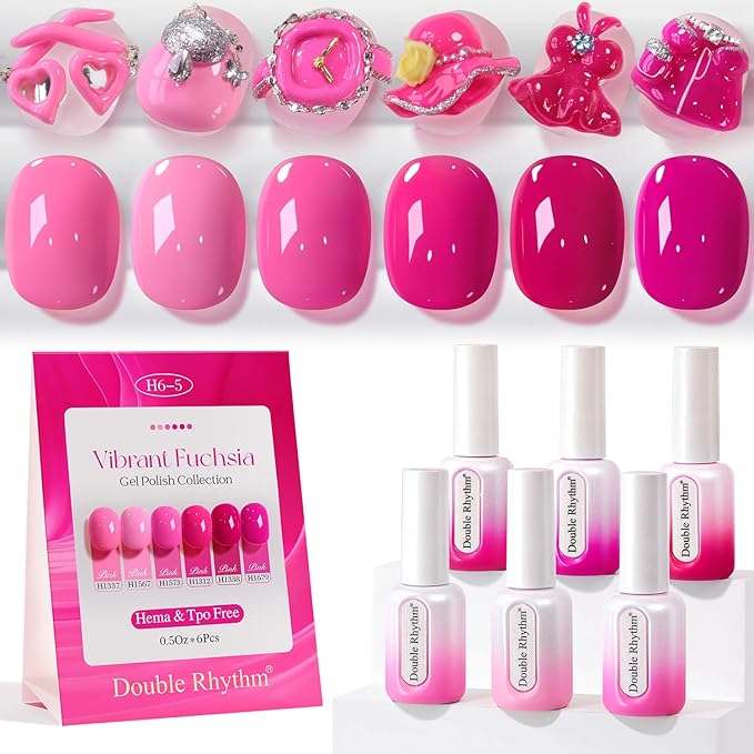 Double Rhythm 6 Pcs Hema Free Gel Polish Set 0.50 OZ Same Color Same Bottle Soak Off Neutral Natural Milky Gel Polish Kit Nail Art Manicure Salon DIY at Home (Bright Pink Purple-H6-5)