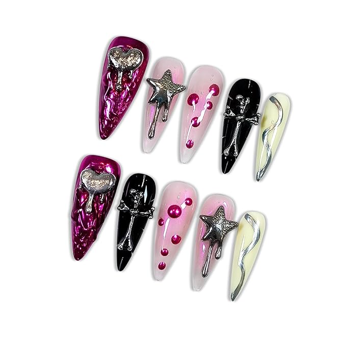 10PCS Y2K Press on Nails with Tools Kit, Long Stiletto Glossy Nails in Pink & Black, Salon Nails with 3D Metal Charms (Heart/Star/Cross), Edgy Punk Style for Party-Ready & Daily Wear(Size S)