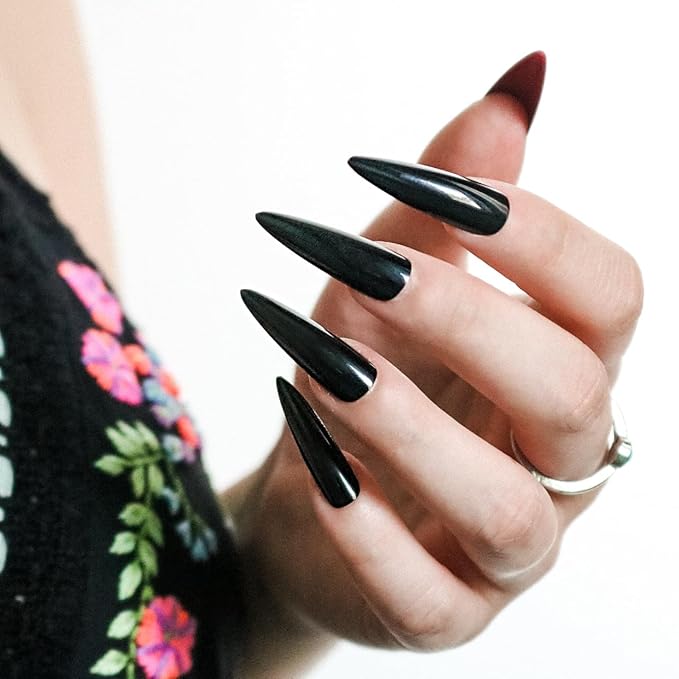 Allkem Press On Nails - Black Red Bottoms Glossy Extra Long Sculpted Stiletto 2 Set Bundle | 10 sizes - 20 pcs Nail kit with Glue