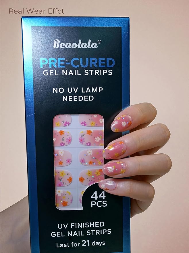 Pre Cured Gel Nail Strips - 44PCS Salon Quality Gel Nail Stickers - Long Lasting Polish Wraps for Women no UV Light Needed Easy Apply & Remove (Strawberry Pink)