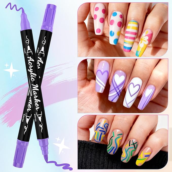 Kalolary 12 Colors Nail Art Pens Set, 3D Nail Polish Pens Double-Ended Acrylic Paint Pen Nail Art Markers Quick-Dry Nail Art Tools for Dotting Drawing Painting DIY Nail Art Beauty Manicure（B）