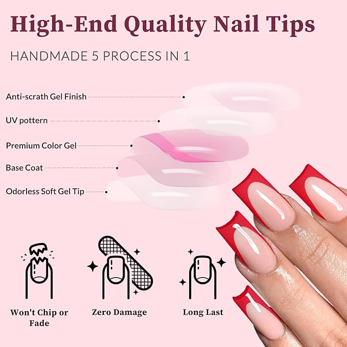 120PC Red French Tip Press on Nails Medium Fake Nails Press ons with 5*Adhesive Tabs, Pink Square Acrylic Nail Press on Nail French Tip Nails False Artificial Fingernails Stick on Nails-D