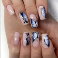 Square Press on Nails Short Fake Nails with Designs Butterfly Stick on Nail Blue French Acrylic False Nail Glossy Artificial Nail Full Cover Glue on Nails for Women 24Pcs