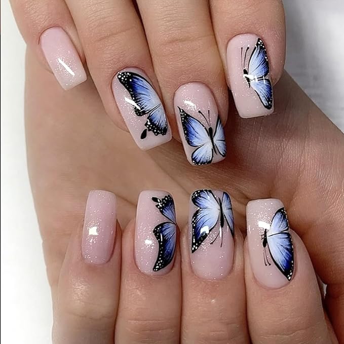 Square Press on Nails Short Fake Nails with Designs Butterfly Stick on Nail Blue French Acrylic False Nail Glossy Artificial Nail Full Cover Glue on Nails for Women 24Pcs
