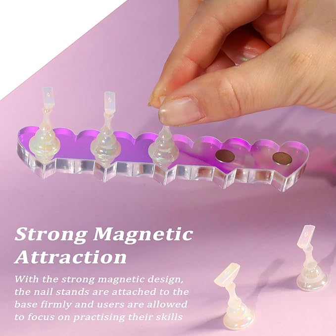 ANGNYA 2 Set Heart-shaped Nail Holder for Press On, Aurora Nail Stand with Reusable Adhesive Putty Clay Strong Magnetic Display Art Stand