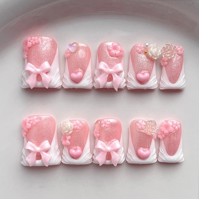 French Tip Press on Nails Handmade Short Duck 3D Floral Thick Acrylic Nails Cute False Nails with Bow Rose Flower Designs White Glossy Fake Nail Sturdy Art Press on Nail 10Pcs(S)