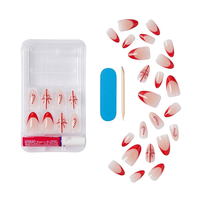 KISS Voguish Fantasy Holiday Press On Nails Almond, ‘Warm n Cozy’, Nude, Medium Length, No Damage To Natural Nails, Pink Gel Nail Glue (2g), Mini Nail File, Manicure Stick, & 28 Fake Nails