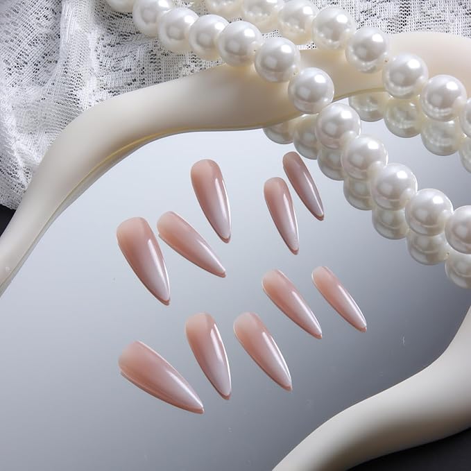 24pcs Gradient Nude Long Almond Press On Nails, Reusable Nail Kit with Nail Adhesive Tabs Mini Nail File, 12 Sizes (Gradient Nude)