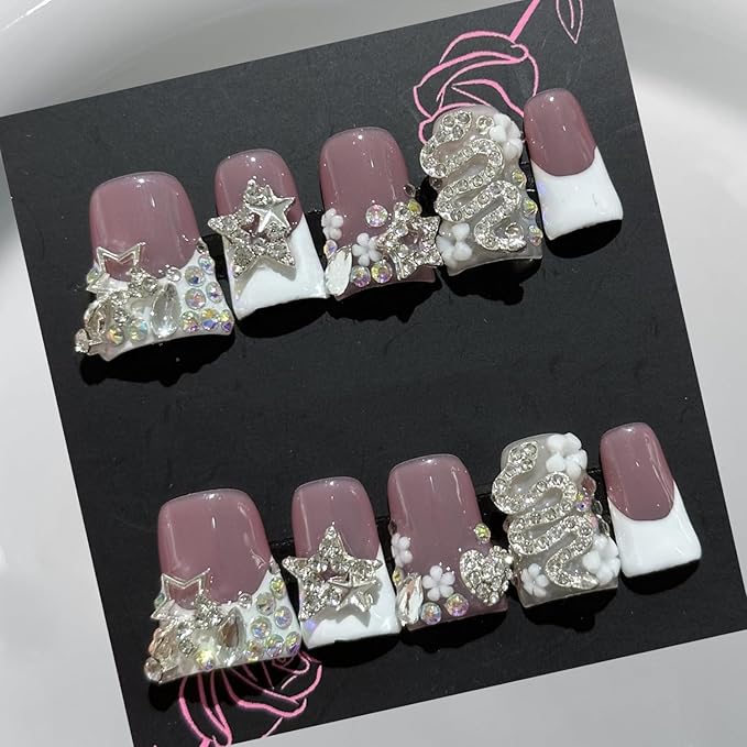 Handmade Press on Nails Rhinestones Snake False Nails Short Duck Shaped Fake Nails White French Acrylic Nails Full Cover Reusable Love Heart Rhinestones Fake Nails for Women Girls Accessories (Size S)