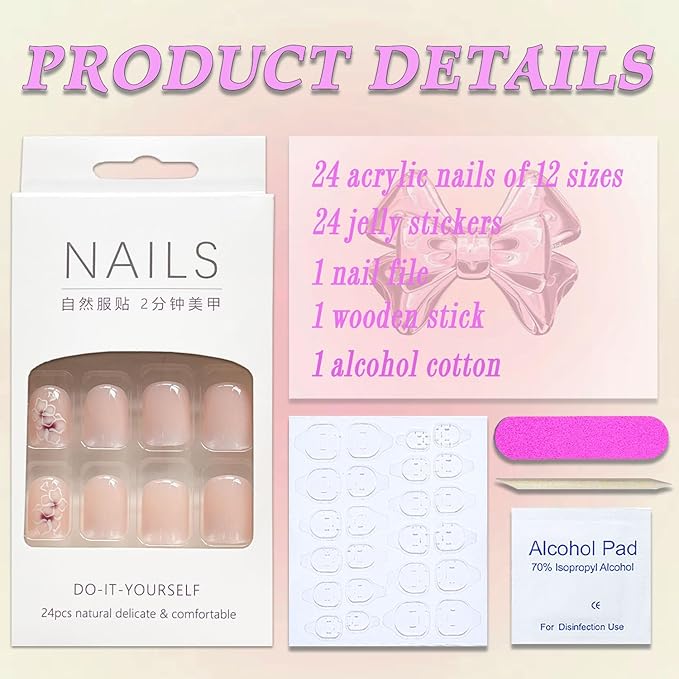 Short Square Press on Nails MABKJLF French Fake Nails Gradient Full Cover White Flower False Nails with Designs Glossy Glue on Nails Acrylic Nails Artificial Nails for Women Girls 24 Pcs