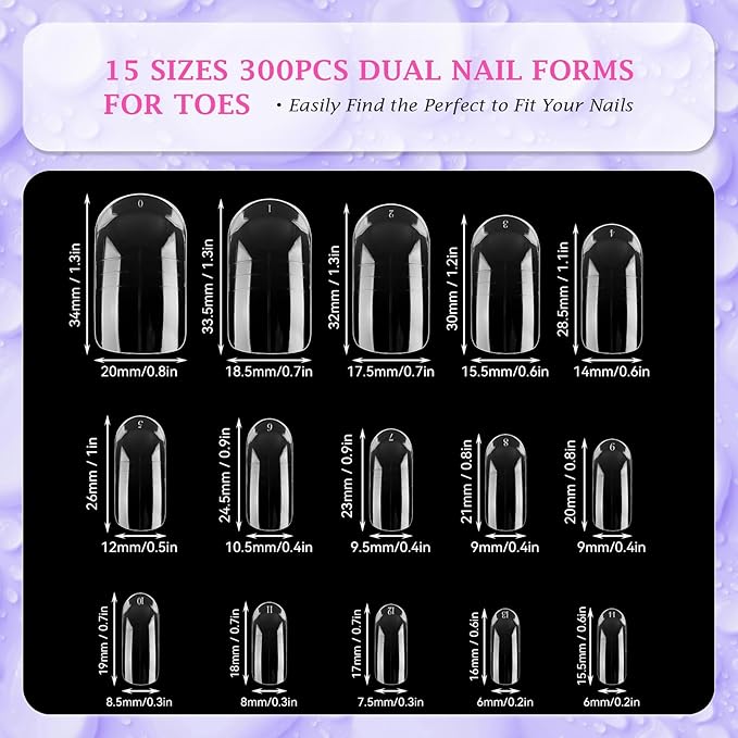 outopen 300pcs Wide Square Toe Nail Forms Clear Toenail Extension Nail Mold Full Cover Nail Art Mold for Toes for Wide Nail Beds Acrylic Extension Nail Forms for Beginners DIY Manicure, 15 Sizes