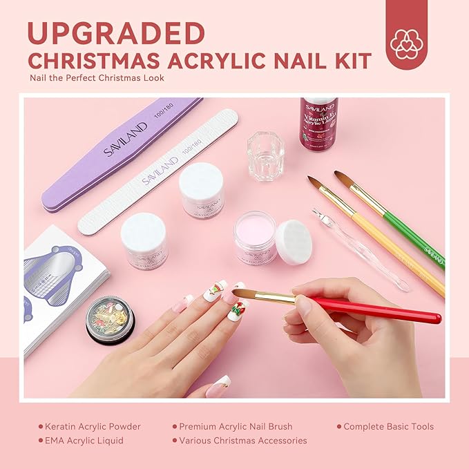 SAVILAND Acrylic Nail Kit : Christmas Nails Kit Acrylic Set EMA Monomer Brush for Long Lasting Nails DIY at Home Beginner Friendly Christmas Gift Set