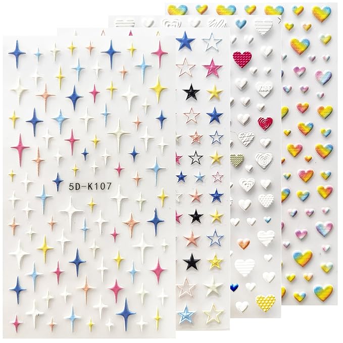 5D Embossed Heart & Star Nail Art Stickers, Colorful Heart-Shaped & Star-Shaped Nail Decals, Self-Adhesive Nail Supplies for Women's Manicure Decoration