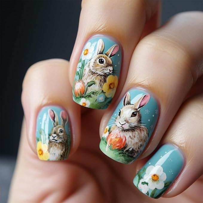 Easter Press on Nails Short Square Fake Nails with Cute Bunny Designs Glossy Blue False Nails Spring Colorful Flower Acrylic Nails Full Cover Stick on Nails for Women Nails Manicure Decoration 24 Pcs