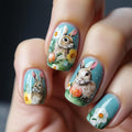 Easter Press on Nails Short Square Fake Nails with Cute Bunny Designs Glossy Blue False Nails Spring Colorful Flower Acrylic Nails Full Cover Stick on Nails for Women Nails Manicure Decoration 24 Pcs