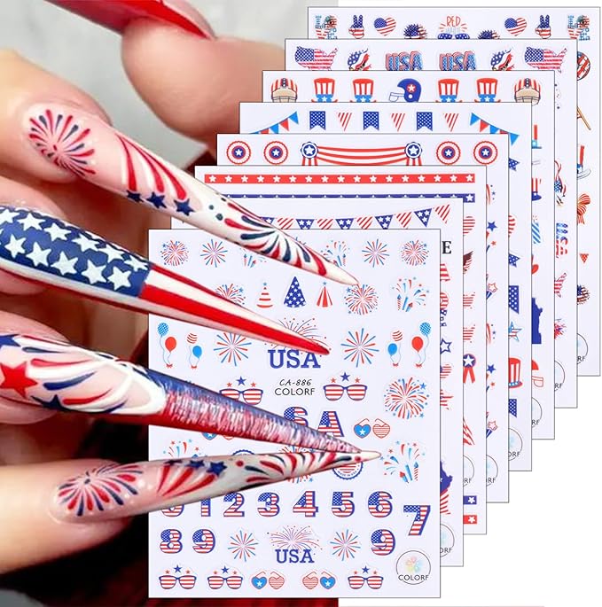 8 Sheets Independence Day Nail Stickers for Nail Art USA 4th of July Nail Decals 3D Self-Adhesive American Flag Patriotic Nail Decoration American Eagle Nail Art Stickers for Women Girls Nail Designs