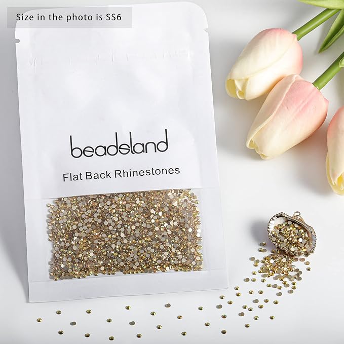 Beadsland 2880pcs Flat Back Crystal Rhinestones Round Gems for Nail Art and Craft Glue Fix,Metal Sunlight,SS6,1.9-2.1mm