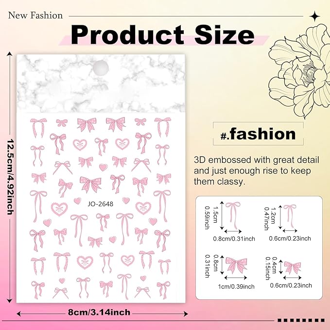 6 Sheets Bow Nail Sticker 3D Embossed Self-Adhesive Color Bow Art Nails Decals 5D Design Stickers Supplies for Women Girls Manicure Decoration 807-8