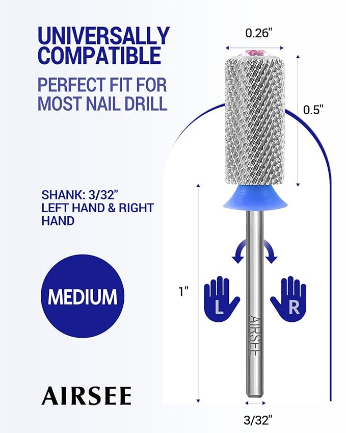 AIRSEE Tungsten Carbide Acrylic Nail Drill Bit Efile Electric File Machine Head Tip for Manicure Polishing Art Remove Gel 3/32" 2 Way Beginner Safety Pink Crystal Top Barrel Medium-M
