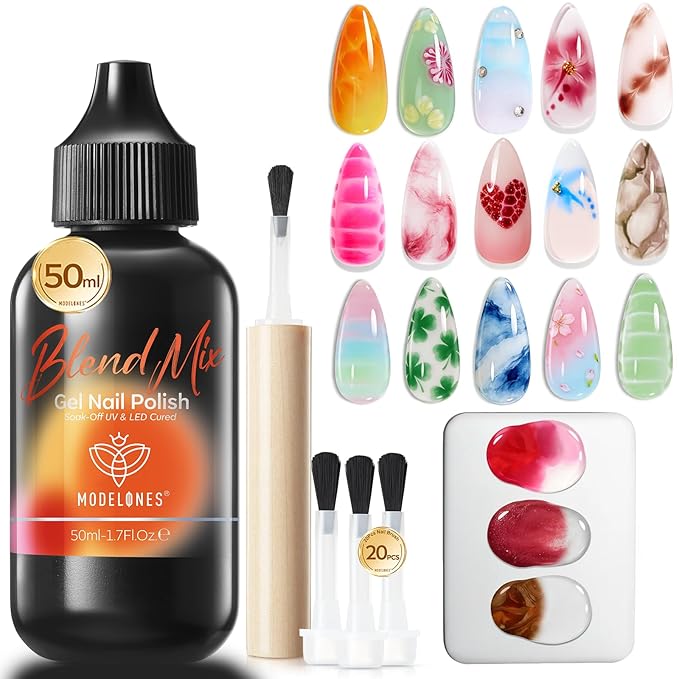 modelones 50ML Blend Mix Blooming Gel Nail Polish Set with Nail Art Palette & 20PCS Nail Brushs, Clear Blooming Gel for Spreading Effects Floral Print Marble Design Mix Color Glitter Nail Art DIY