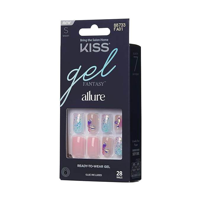 KISS Gel Fantasy Allure Press On Nails, Ready to Wear, 3D Design, Waterproof, Pink Gel Nail Glue 0.07 Oz. (2g), Manicure Stick & Mini File, 28 Count