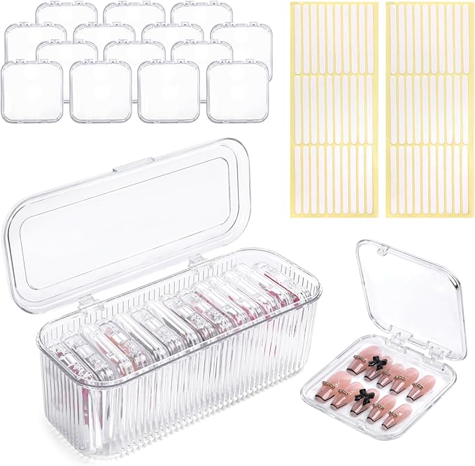 15 Pcs Press On Nail Storage Box Container, Clear Press On Nail Packaging Box with 60 Pcs Adhesive Double Sided Tape, False Nail Organizer Case Nail Display Case for Nail Art Home Salon