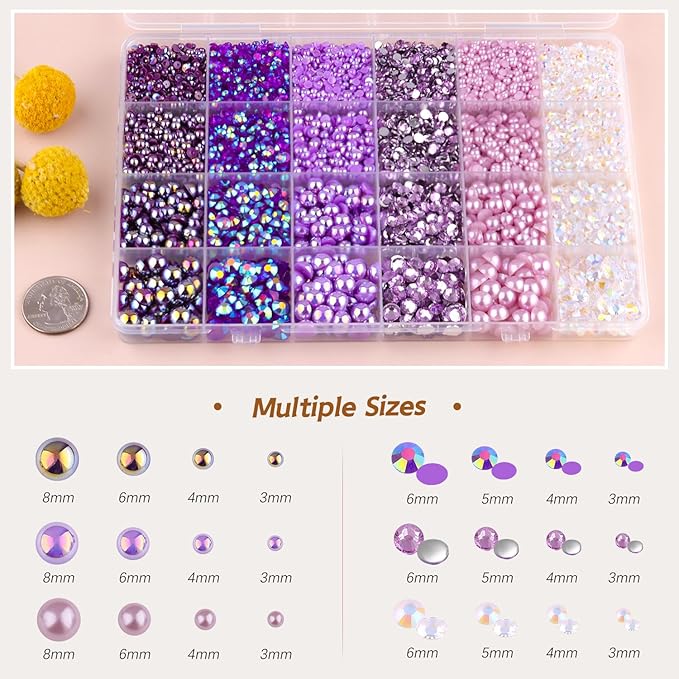 14000PCS Flatback Pearls and Purple Rhinestones for Bedazzling Kit, Purple Mixed Size 3-10mm Resin Rhinestones Gems and Half Pearls for Crafting, Nail Art Crafts Decoration