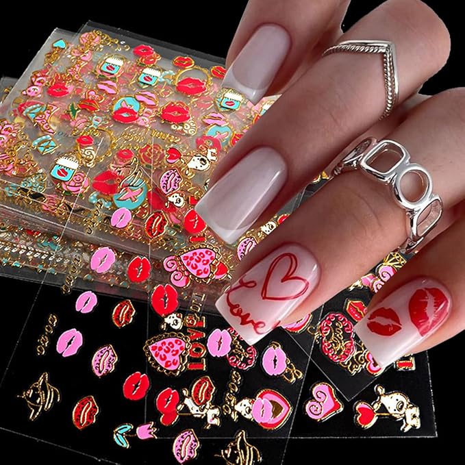Lips Nail Stickers for Valentine's Day, 3D Gold Nail Decals Foils Nail Art Supplies Valentines Heart Red Lip Self-Adhesive Nail Design Metallic Nail Stickers for Women Girls DIY Nail Decoration 30 PCS