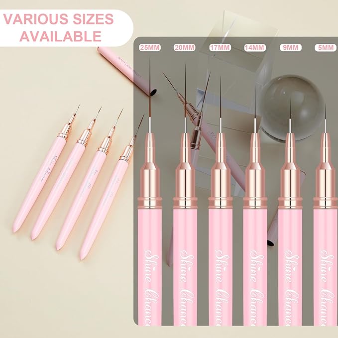 Shince Chance Nail Art Liner Brushes, 6pc Set - Fine Drawing, Small Details, Stripping Painting, Acrylic Nail Art Design Tools, Pink