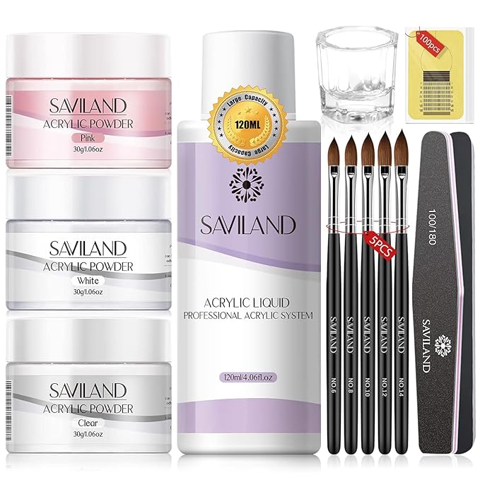 SAVILAND Acrylic Nail Kit: Big Capacity Acrylic Liquid 120ml and 30g Clear Pink White Powder Set with 5 Sizes Brushes for Beginner Nail Kit for Full Professional Nail Art Designs Home DIY Salon Gift
