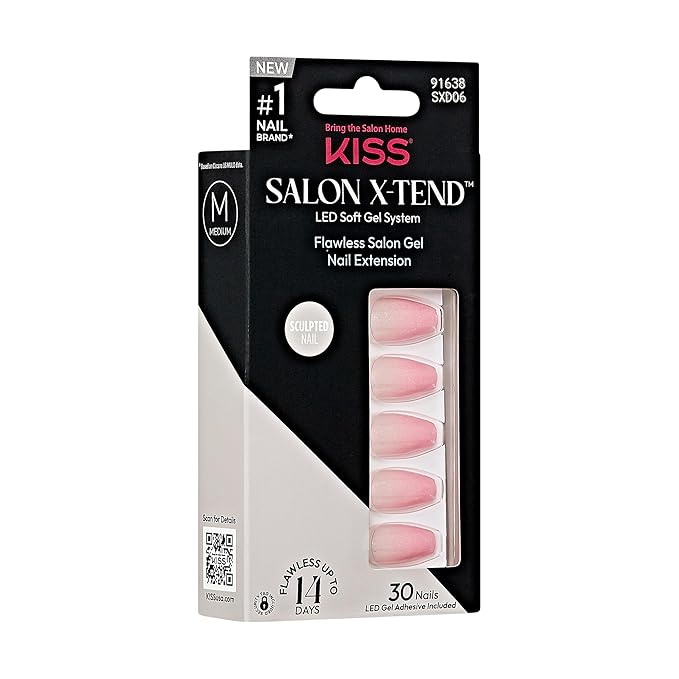 KISS Salon X-tend, Press-On Nails, Glue included, 'Detox', Medium Pink, Medium Size, Coffin Shape, Includes 30 Nails, 5Ml Led Soft Gel Adhesive, 1 Manicure Stick, 1 New Mini File, New Prep Pad