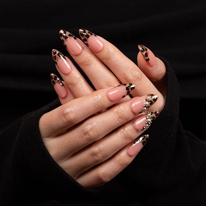 LOVFUL Press on Nails Noir d'Or | Handmade with Full Covered Crystals | Reusable Full Cover Nails | Almond Regular 1.0 in | P003-S