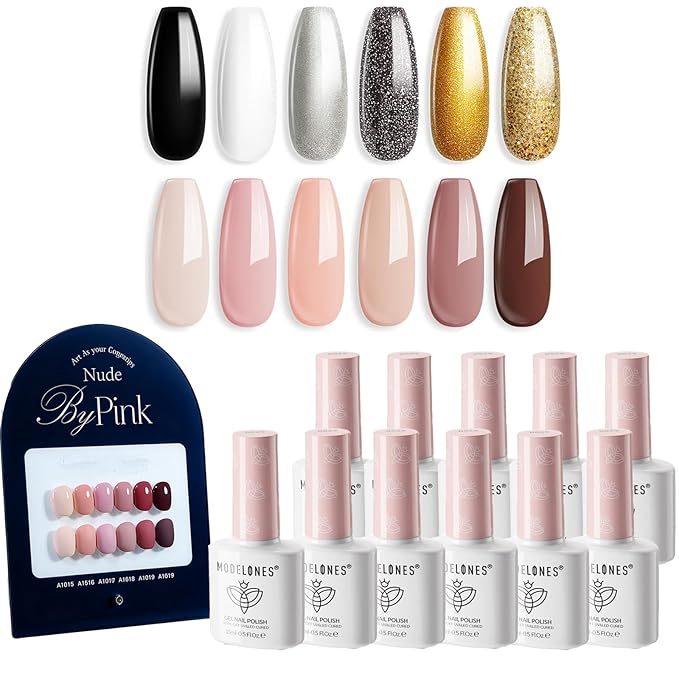 modelones Hema-free Gel Nail Polish Set 15ML 12Pcs,Black Gold White Gel Polish Kit Soak Off Gel Polish Set Manicure Nail Art Salon Home