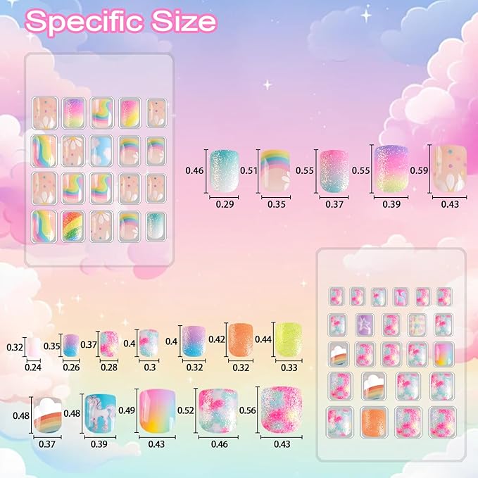 Allstarry 6 pack Children Nails Press on Pre-glue Full Cover Glitter Rainbow Flower Star Short False Nail Kits Lovely Gift for Children Little Girls Nail Art Decoration - Dreamy Rainbow