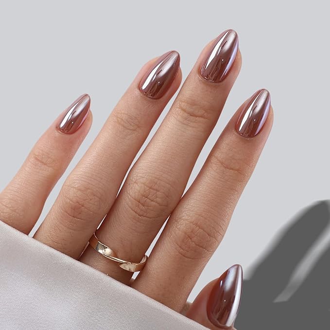 Brown Press on Nails Short - SHANGMENG Soft Gel Almond Chrome Press on Nails for Women, Glossy Glue on Nails with Glue, 16 Sizes - 32 Reusable Fake Nails Kit, Molten Mocha