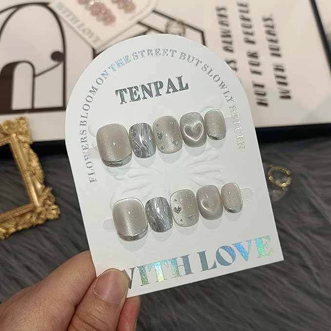 Press on Nails Short Squoval Square, Diamond Dust Hearts Holographic False Nails,Cat Eye Glow Glue on Nails,Icy Shimmer Fake Nails Kit,Luxe Sweet Ins Design False Nails with Tools 10pcs(L)