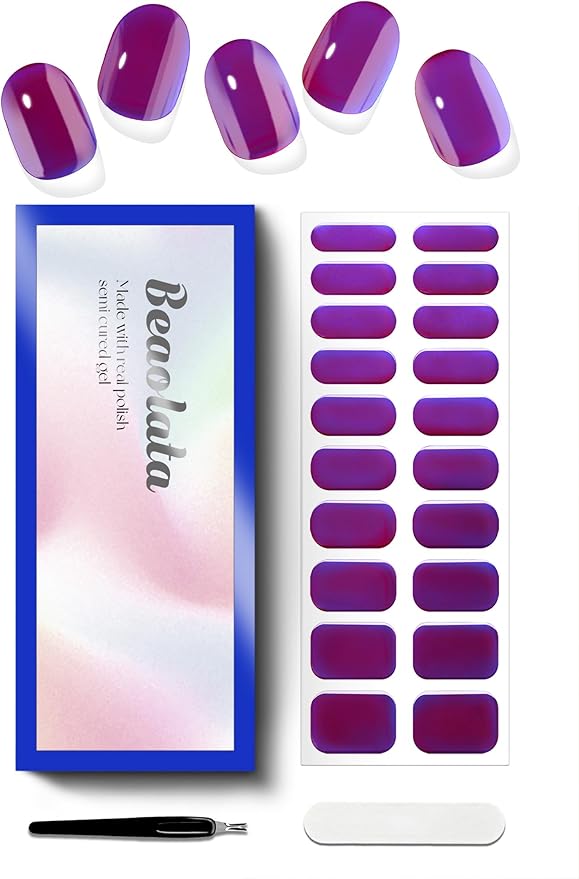 Semi Cured Gel Nail Strips - UV Light Gel Nail Stickers - 20 Long Lasting Salon Quality Wraps (Galactic Glow Purple)