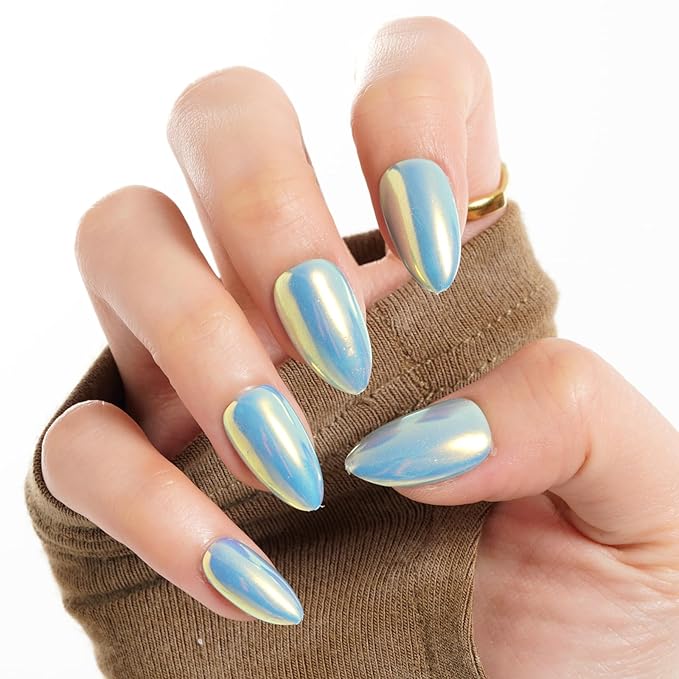 GLAMERMAID Light Blue Mermaid Chrome Press On Nails Short Almond, Golden Donut Glazed Handmade Soft Jelly Gel Fake Nails, Round Oval Stick Glue on Nails Kit for Women, Reusable Acrylic False Nail Set