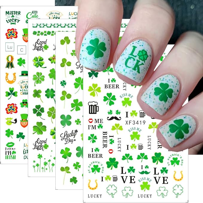 10 Sheets St. Patrick's Day Nail Art Stickers 3D Self-Adhesive Shamrock Nail Decals Green Clover Gold Hat Letter Designs Irish Nail Stickers St. Patrick's Day Nails Decor for Women Manicure Supplies