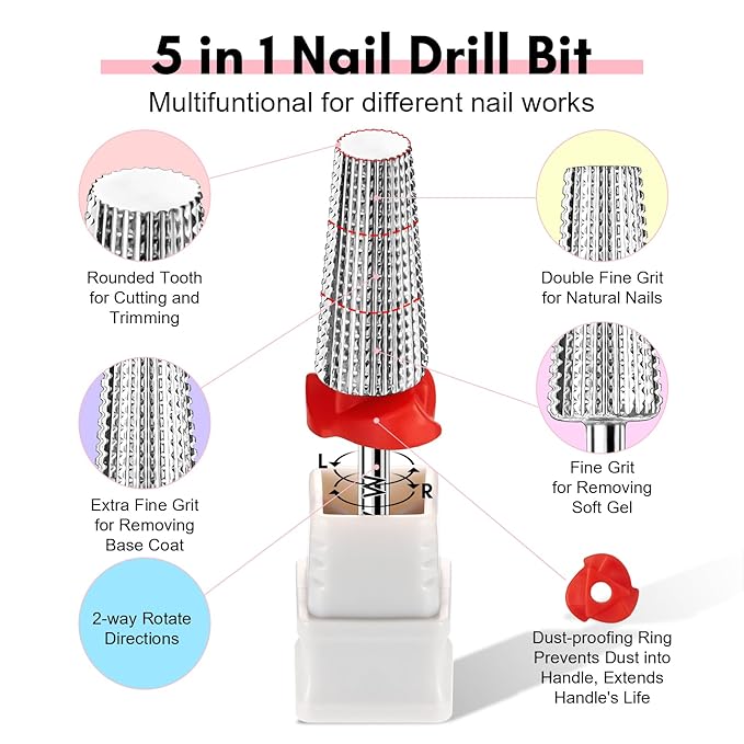 Makartt 5 in 1 Nail Drill Bits,3/32" Shank Tungsten Carbide Tapered Drill Bits for Nails Fast Removing Acrylic Nail Hard Gels Cuticle Professional Nail Efile Bit for Nail Drill Machine(Fine, Silver)