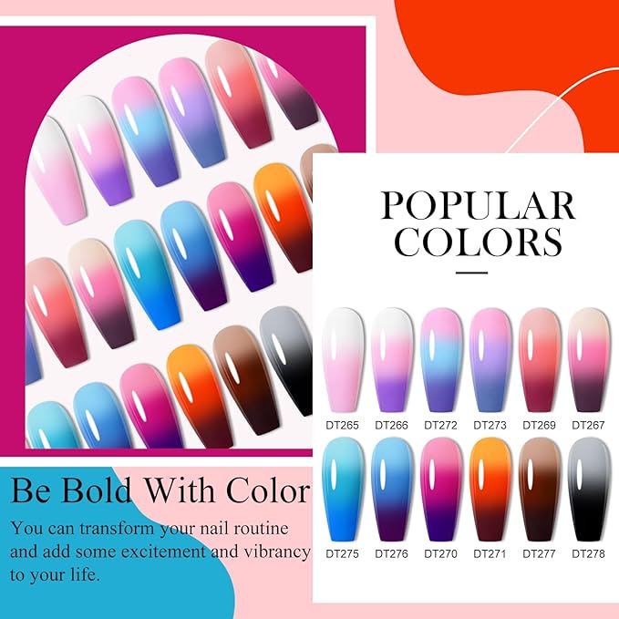 MEET ACROSS 12Pcs Color Changing Gel Nail Polish Set Nude Pink Sky Blue Brown Temperature Mood Changed Nail Polish Gel DIY Salon Gift for Women